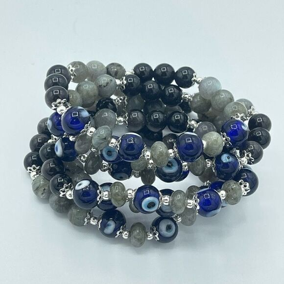 Crystal beaded stretch bracelet ONE NEW evil eye silver obsidian labradorite rei - Picture 12 of 12